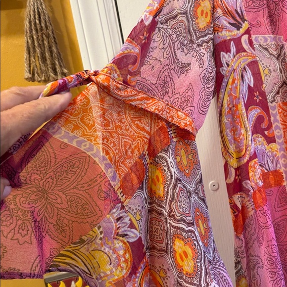 GEORGE BRAND  BRIGHT COLORS KIMONO PINKS/ORANGE/PURPLE BELL SLEEVES WITH TIES - Picture 11 of 14